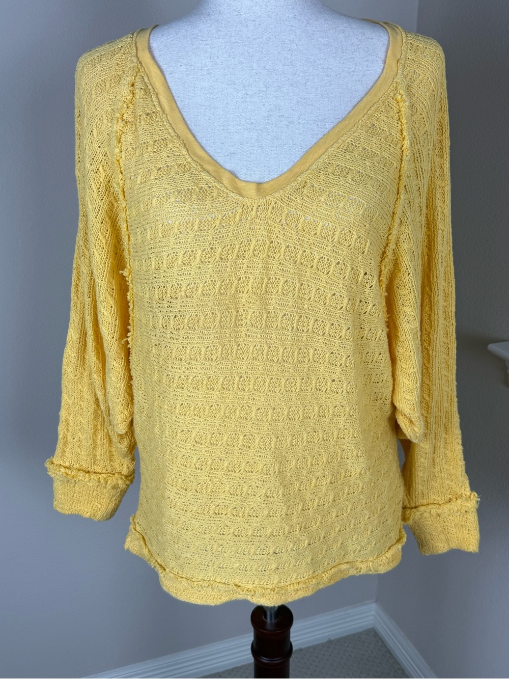 Free People Thien’s Hacci Top Lemon Yellow Cotton Open Knit XS